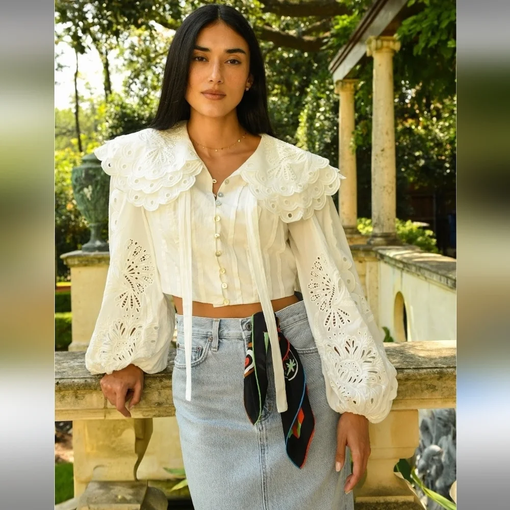 FARM RIO Richelieu Big Collar Off White Battenberg Lace Blouse M RARE SRP $240 - Picture 4 of 16
